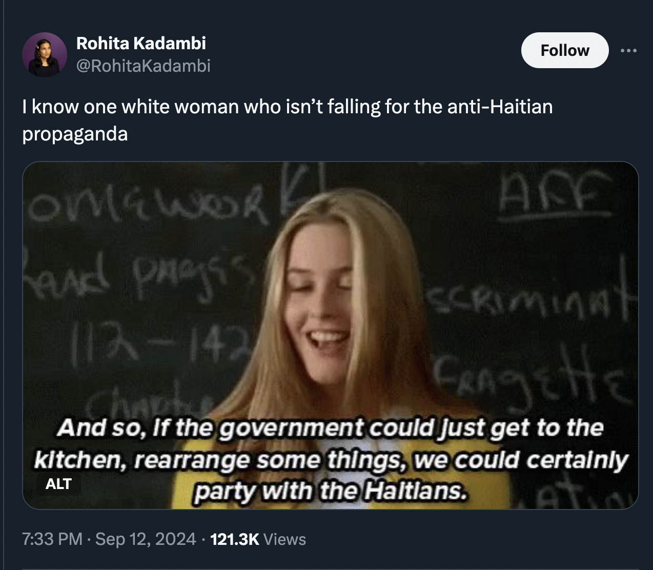 screenshot - Rohita Kadambi I know one white woman who isn't falling for the antiHaitian propaganda Omework hand pass 112142 Chapte Aff Scriminat minut Fragehe And so, If the government could just get to the kitchen, rearrange some things, we could certai